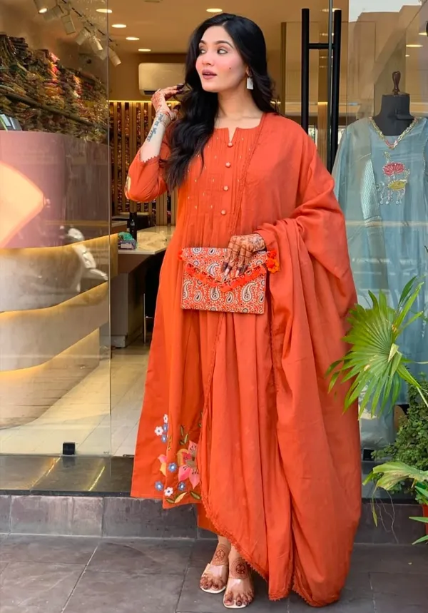 Orange_Cotton_Flared_Anarkali_Embroidered_Kurta_Pant_Dupatta_Set_For_Women