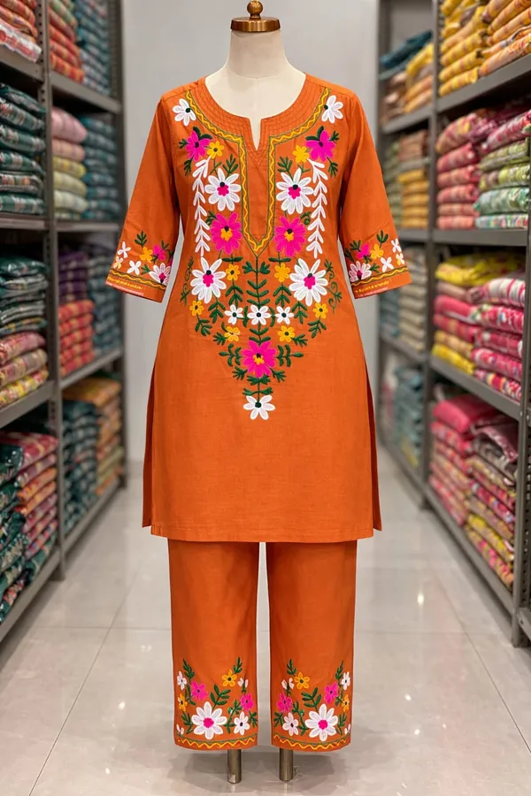 Orange_Cotton_Floral_Embroidered_Kurta_Pant_Set_For_Women