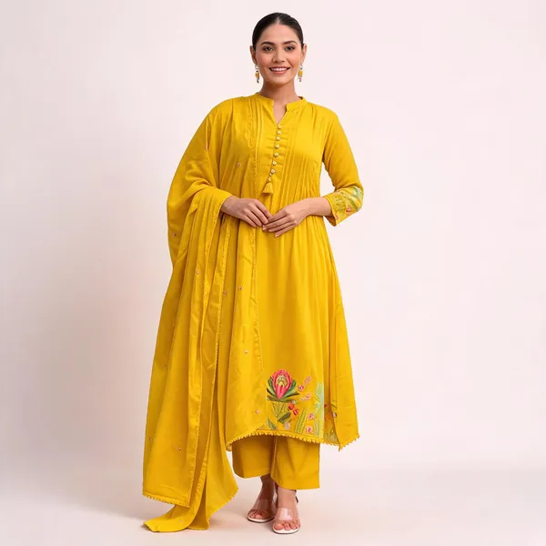 Yellow_Cotton_Flared_Anarkali_Kurta_Pant_Dupatta_Set_For_Women