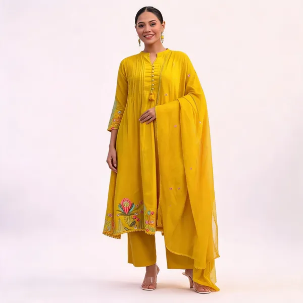 Yellow_Cotton_Flared_Anarkali_Kurta_Pant_Dupatta_Set_For_Women