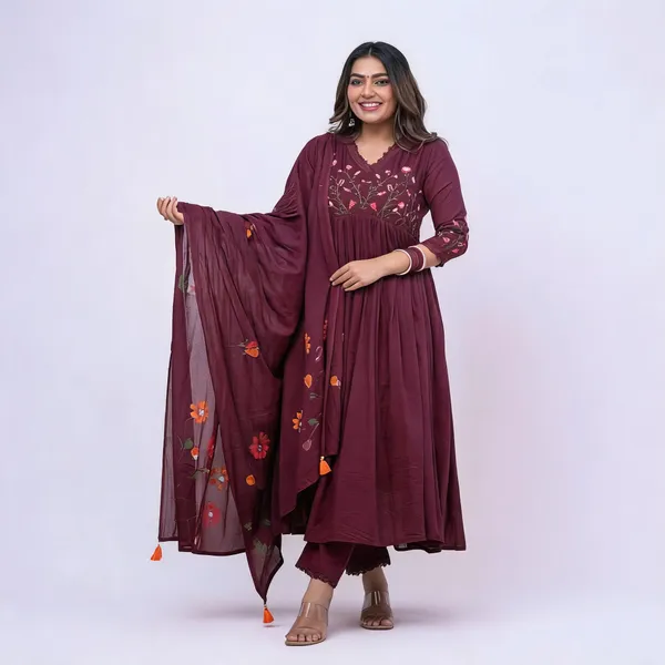 Maroon_Cotton_Flared_Anarkali_Kurta_Pant_Dupatta_Set_For_Women