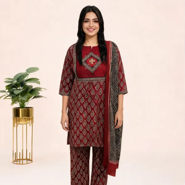 Maroon_Cotton_Straight_Printed_Kurta_Pant_Dupatta_Set_For_Women