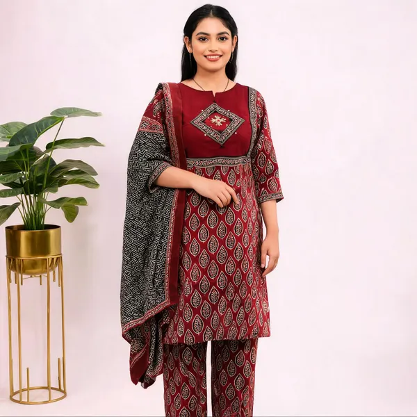 Maroon_Cotton_Straight_Printed_Kurta_Pant_Dupatta_Set_For_Women