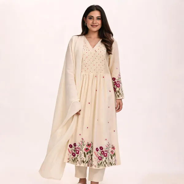 White_Cotton_Flared_Anarkali_Kurta_Pant_Dupatta_Set_For_Women