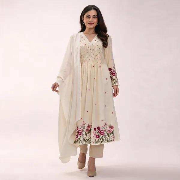 White_Cotton_Flared_Anarkali_Kurta_Pant_Dupatta_Set_For_Women
