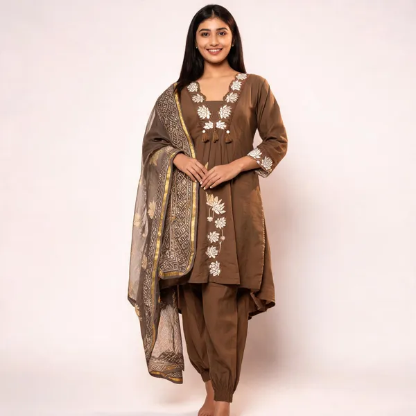 Coffee_Brown_Cotton_Flared_Anarkali_Kurta_Pant_Dupatta_Set_For_Women