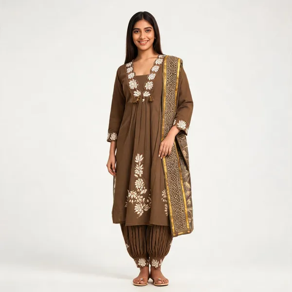 Coffee_Brown_Cotton_Flared_Anarkali_Kurta_Pant_Dupatta_Set_For_Women