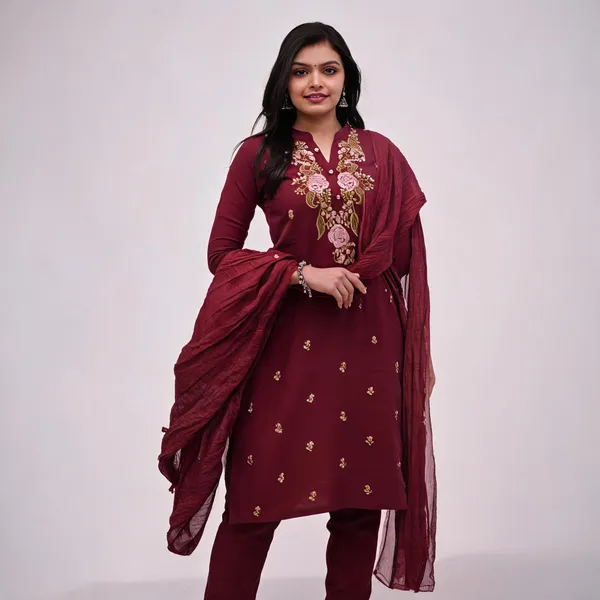 Maroon_Cotton_Embroidered_Kurta_Pant_Dupatta_Set_For_Women