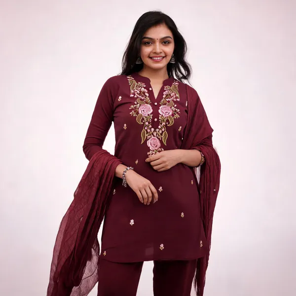 Maroon_Cotton_Embroidered_Kurta_Pant_Dupatta_Set_For_Women