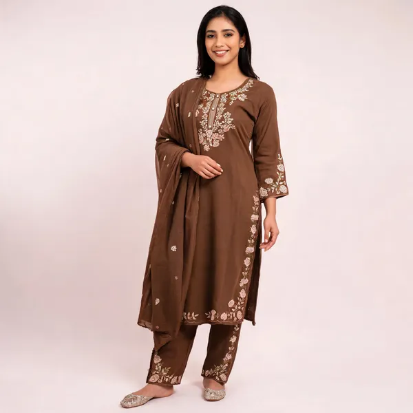 Coffee_Brown_Cotton_Straight_Embroidered_Kurta_Pant_Dupatta_Set_For_Women