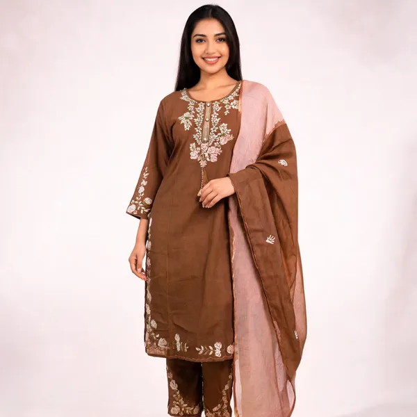 Coffee_Brown_Cotton_Straight_Embroidered_Kurta_Pant_Dupatta_Set_For_Women