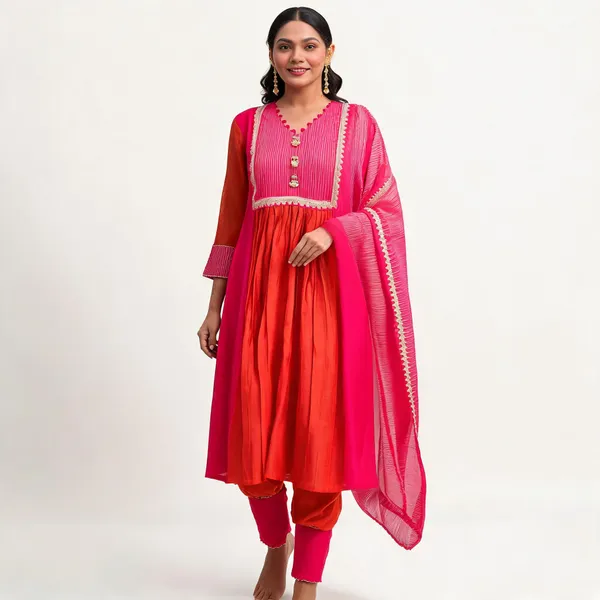 Rani_Pink_Cotton_Flared_Anarkali_Kurta_Pant_Dupatta_Set_For_Women