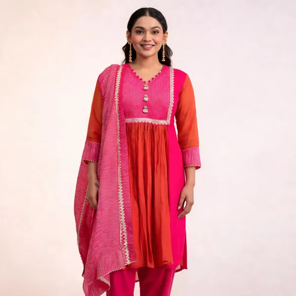 Rani_Pink_Cotton_Flared_Anarkali_Kurta_Pant_Dupatta_Set_For_Women