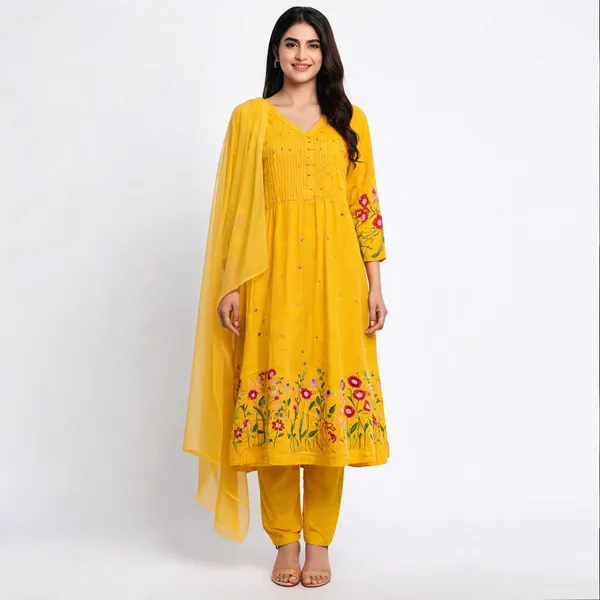 Yellow_Cotton_Flared_Anarkali_Embroidered_Kurta_Pant_Dupatta_Set_For_Women
