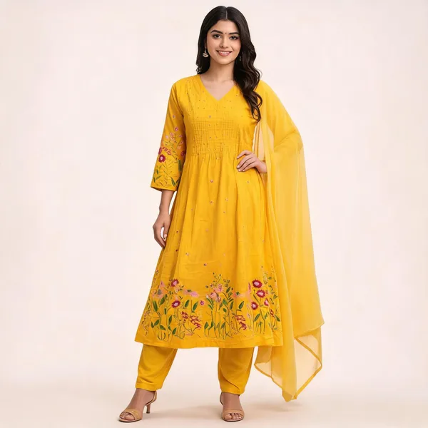 Yellow_Cotton_Flared_Anarkali_Embroidered_Kurta_Pant_Dupatta_Set_For_Women