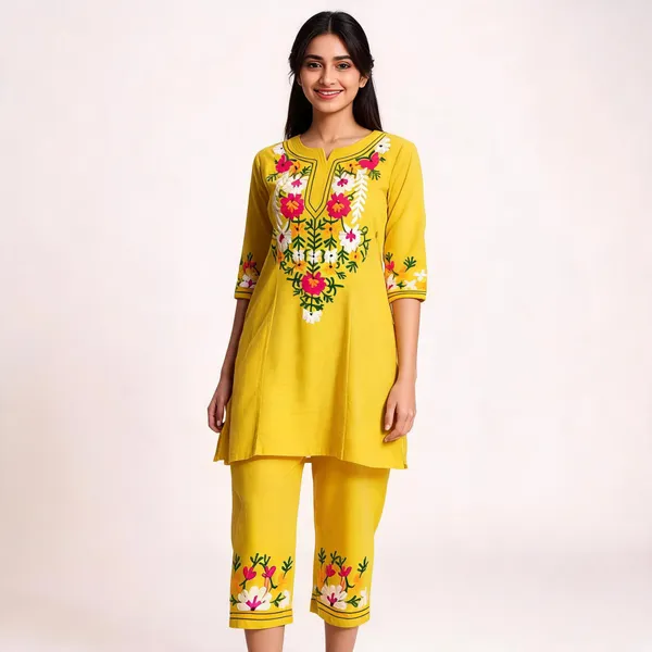Yellow_Cotton_Straight_Floral_Embroidered_Kurta_Pant_Set_For_Women