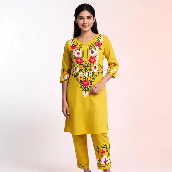 Yellow_Cotton_Straight_Floral_Embroidered_Kurta_Pant_Set_For_Women