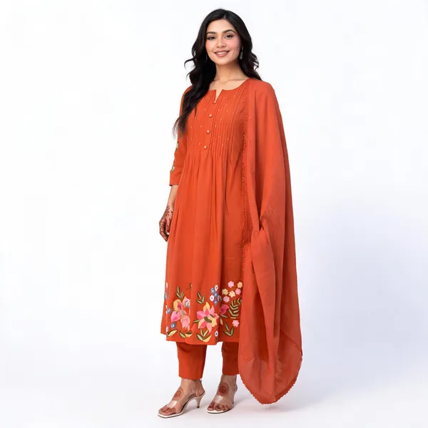 Orange_Cotton_Flared_Anarkali_Kurta_Pant_Dupatta_Set_For_Women