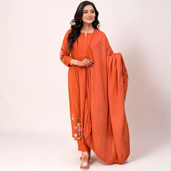 Orange_Cotton_Flared_Anarkali_Kurta_Pant_Dupatta_Set_For_Women