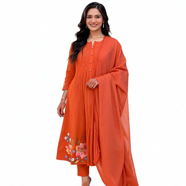 Orange_Cotton_Flared_Anarkali_Embroidered_Kurta_Pant_Dupatta_Set_For_Women