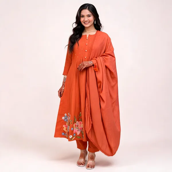 Orange_Cotton_Flared_Anarkali_Embroidered_Kurta_Pant_Dupatta_Set_For_Women