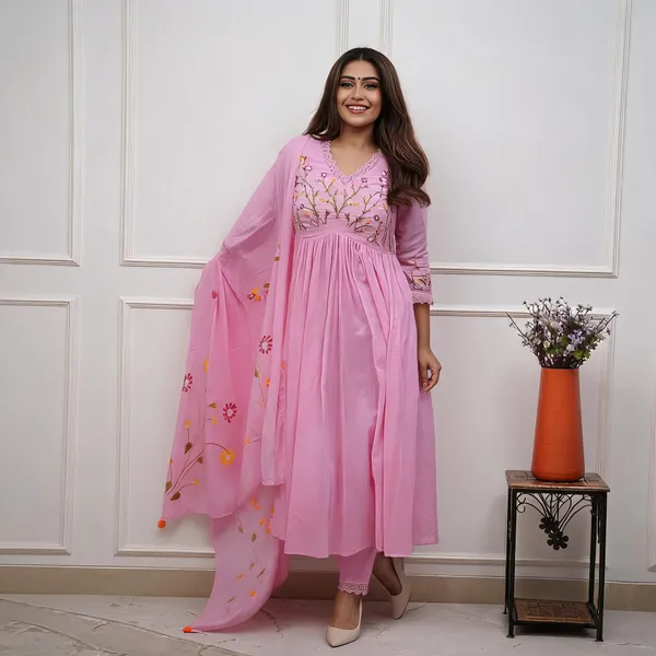 Baby_Pink_Cotton_Flared_Anarkali_Embroidered_Kurta_Pant_Dupatta_Set_For_Women