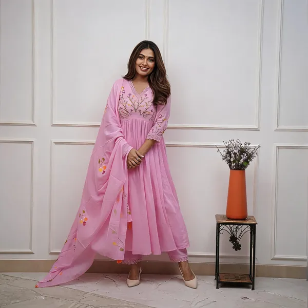 Baby_Pink_Cotton_Flared_Anarkali_Embroidered_Kurta_Pant_Dupatta_Set_For_Women