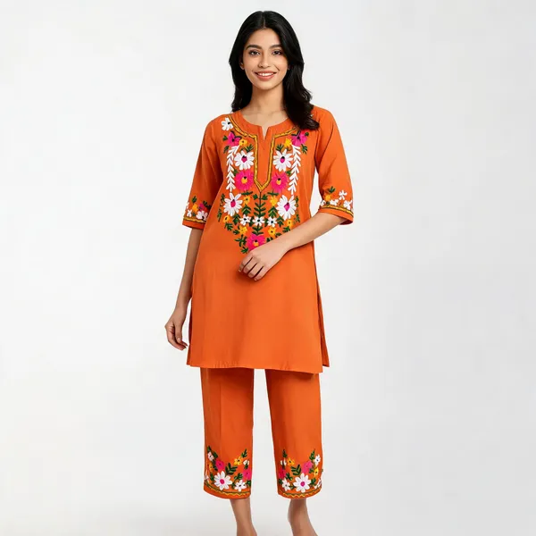 Orange_Cotton_Floral_Embroidered_Kurta_Pant_Set_For_Women