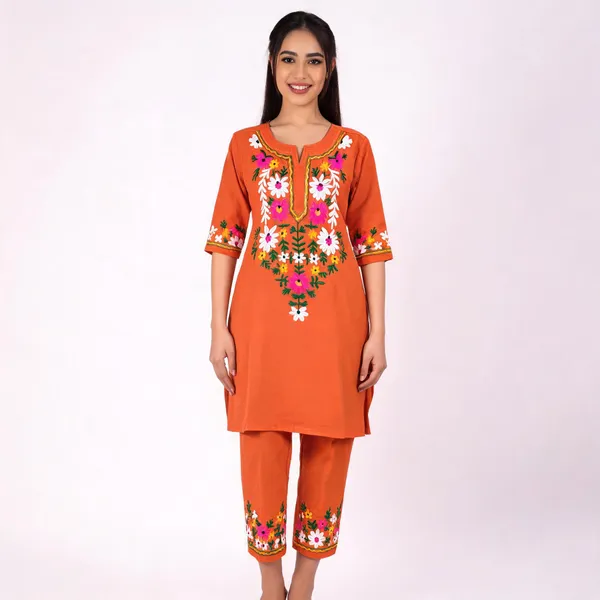 Orange_Cotton_Floral_Embroidered_Kurta_Pant_Set_For_Women