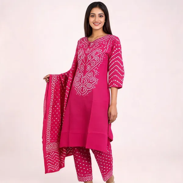 Rani_Pink_Cotton_Straight_Bandhani_Printed_Kurta_Pant_Dupatta_Set_For_Women