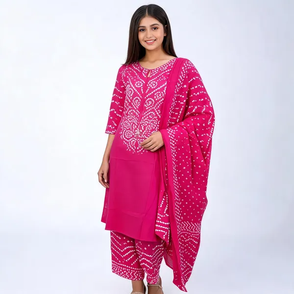Rani_Pink_Cotton_Straight_Bandhani_Printed_Kurta_Pant_Dupatta_Set_For_Women