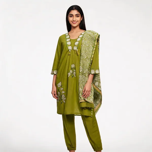 Olive_Green_Cotton_Straight_Floral_Kurta_Salwar_Dupatta_Set_For_Women