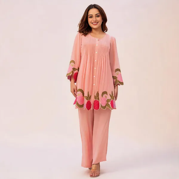 Baby_Pink_Cotton_Pleated_Floral_Embroidered_Kurta_Pant_Set_For_Women