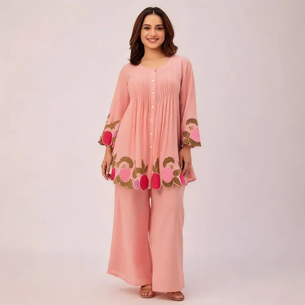 Baby_Pink_Cotton_Pleated_Floral_Embroidered_Kurta_Pant_Set_For_Women