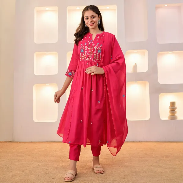 Rani_Pink_Cotton_Flared_Anarkali_Embroidered_Kurta_Pant_Dupatta_Set_For_Women