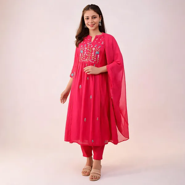 Rani_Pink_Cotton_Flared_Anarkali_Embroidered_Kurta_Pant_Dupatta_Set_For_Women