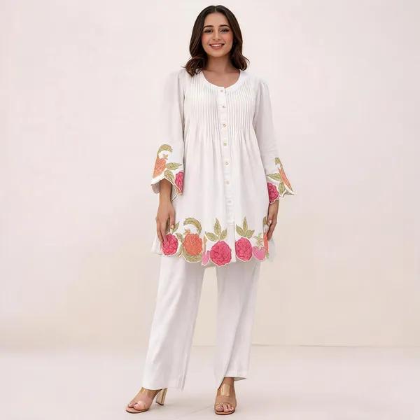 White_Cotton_Flared_Embroidered_Kurta_Pant_Set_For_Women