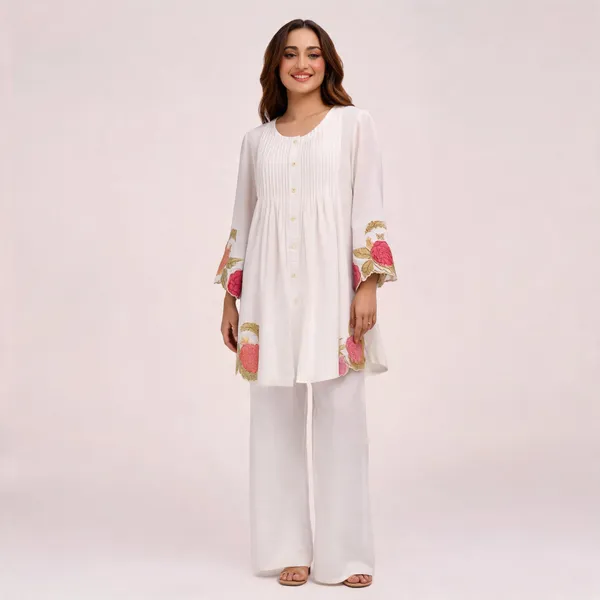 White_Cotton_Flared_Embroidered_Kurta_Pant_Set_For_Women
