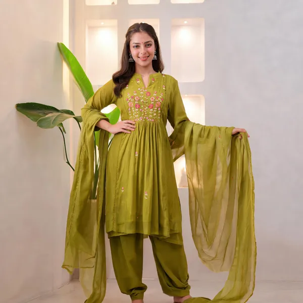 Olive_Cotton_Anarkali_Embroidered_Kurta_Pant_Dupatta_Set_For_Women