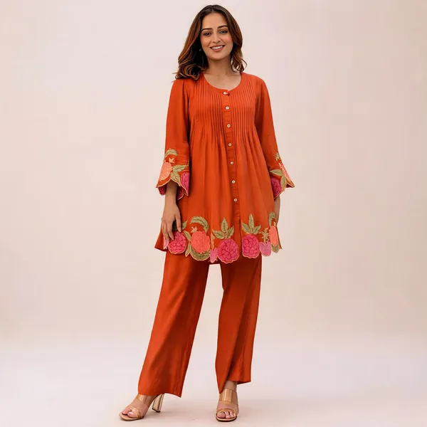 Rust_Cotton_Flared_Embroidered_Kurta_Pant_Set_For_Women