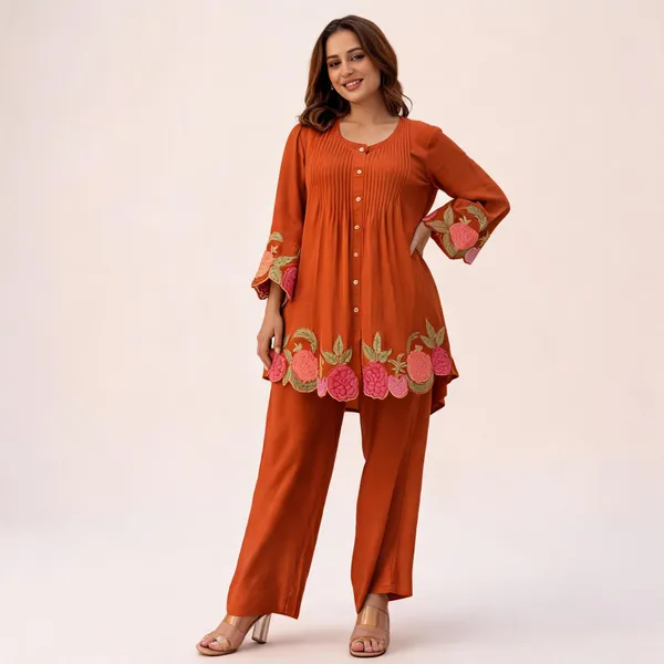 Rust_Cotton_Flared_Embroidered_Kurta_Pant_Set_For_Women