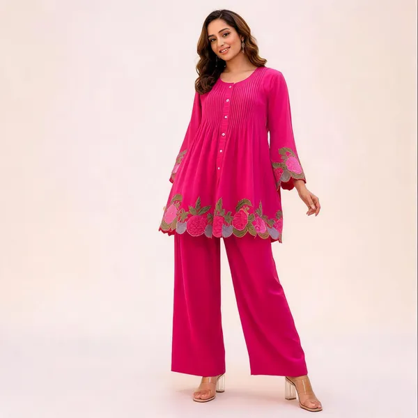 Rani_Pink_Cotton_Flared_Embroidered_Kurta_Pant_Set_For_Women
