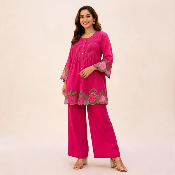 Rani_Pink_Cotton_Flared_Embroidered_Kurta_Pant_Set_For_Women