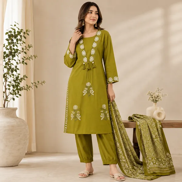 Olive_Green_Cotton_Straight_Floral_Kurta_Salwar_Dupatta_Set_For_Women