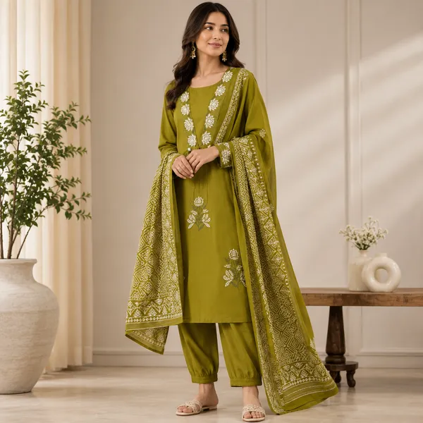 Olive_Green_Cotton_Straight_Floral_Kurta_Salwar_Dupatta_Set_For_Women