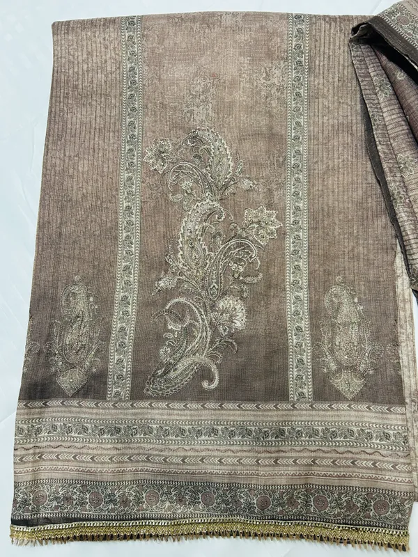 Brown_Linen_Tissue_Paisley_Print_Unstitched_Suit_Set_For_Women
