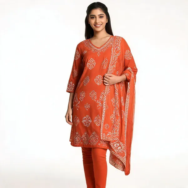 Orange_Cotton_Bandhani_Print_Embroidered_3-Piece_Kurta_Set_For_Women