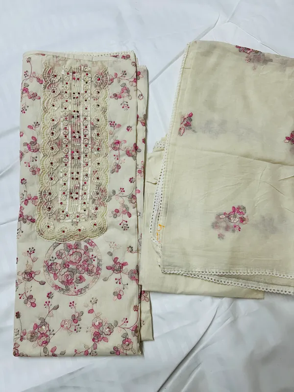 White_And_Pink_Cotton_Floral_Embroidered_Unstitched_Suit_Set_For_Women