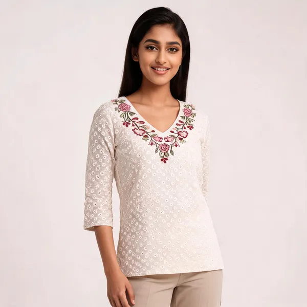 Off_White_Pure_Cotton_Embroidered_V-Neck_Ethnic_Top_For_Women