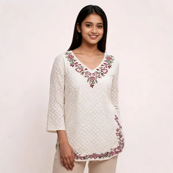Off_White_Pure_Cotton_Embroidered_V-Neck_Ethnic_Top_For_Women
